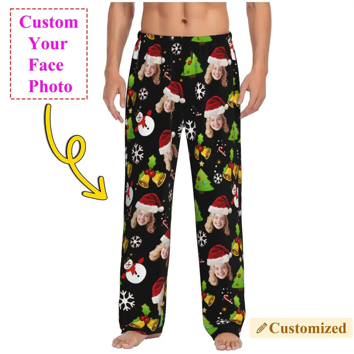 Men's Christmas Personalized Face Photo Custom Pajama Pants Sleepwear Sleep Lounge Bottoms with Pockets