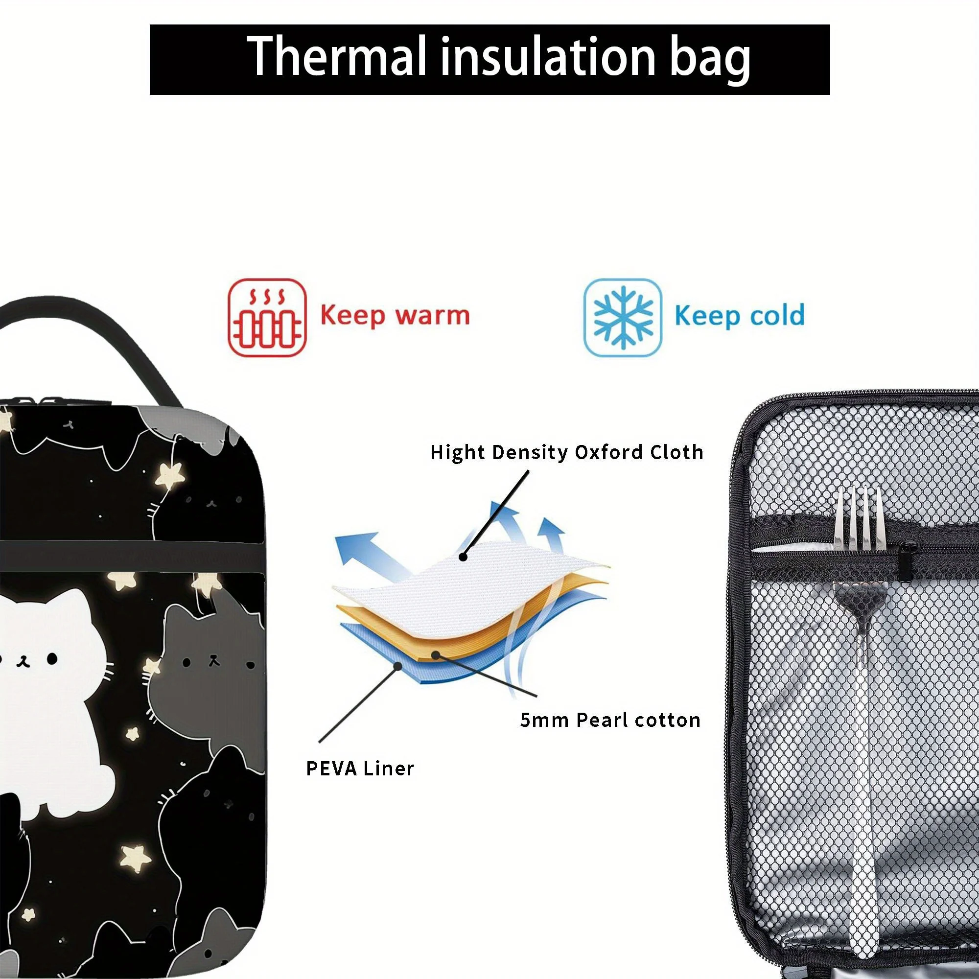 Cute Cat & Glowing Stars Printed Insulated Thermal Bag for Home, Office, Restaurant Use Insulated Lunch Bag