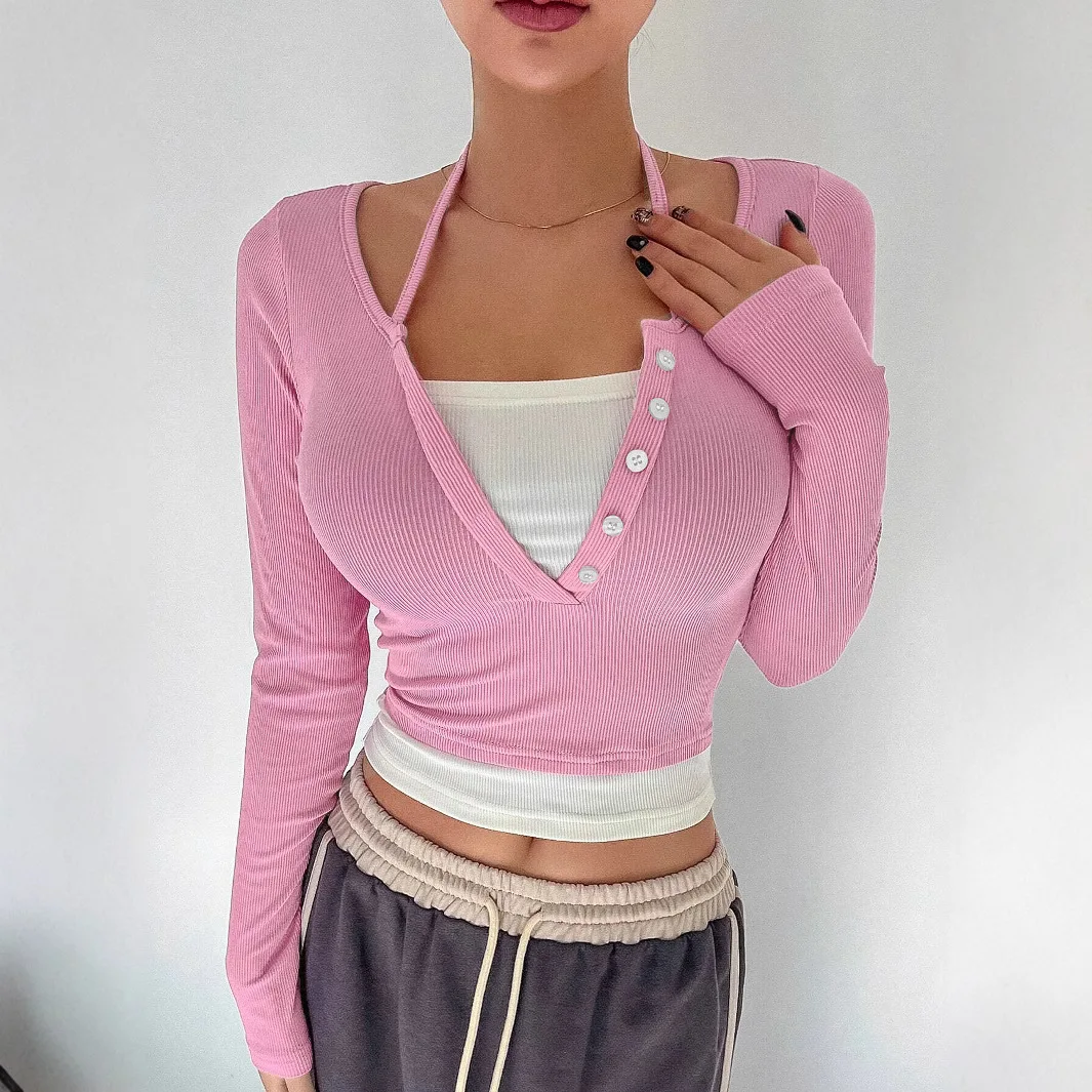 

Spice Girl Wind Positive Shoulder Long-sleeved T-shirt Women's Autumn Splicing Fake Two Pieces Slim V-neck Contrasting Color Top