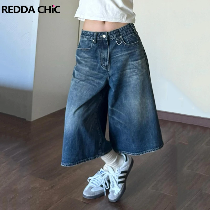 

ReddaChic Women Baggy Jeans Jorts with Key Ring Summer Low Waist Whiskers Blue Wash Oversize Denim Shorts Vintage Casual Clothes