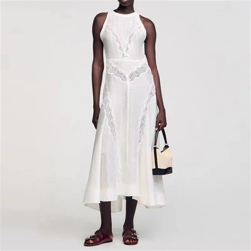 Vrouwen witte jurk kanten taille uitgeholde strik tankjurk mode zomer dames mouwloze onderjurken