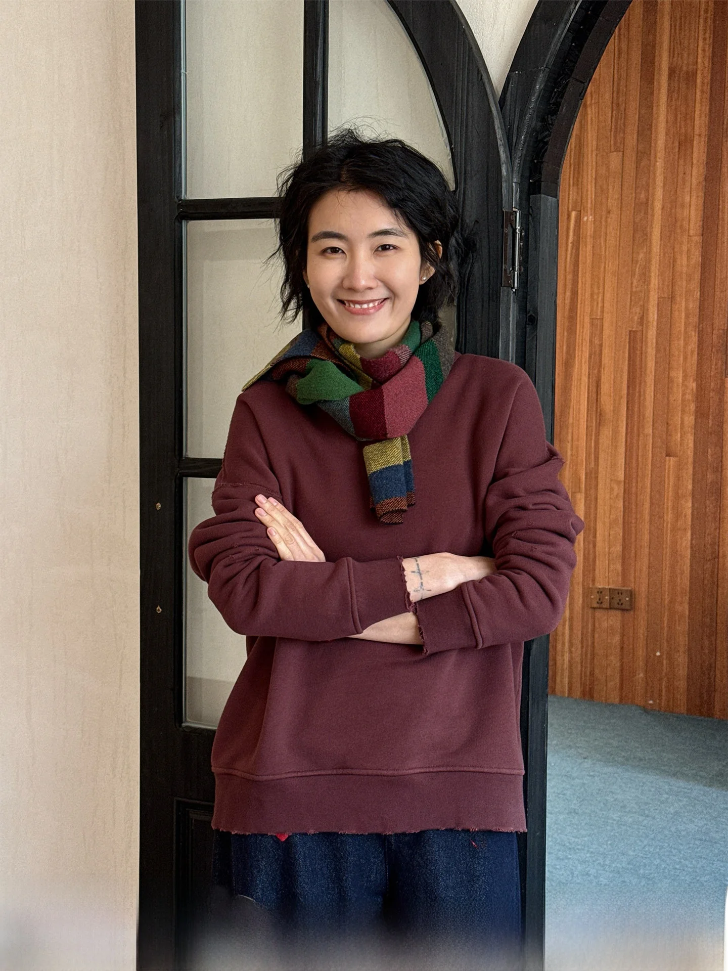 Langqing Pure Cotton Fleece Lined round Neck Sweatshirt Women's Loose Warm Inner Wear Spring 2026 New Style Coffee Red
