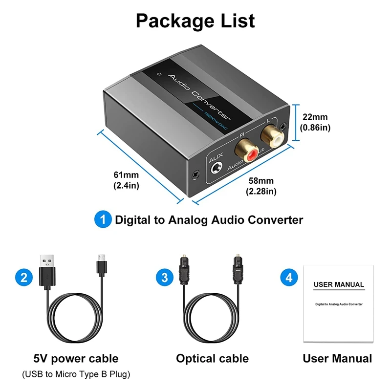 Optical to RCA Converter Audio Converter Digital to Analog Audio Coaxial to RCA Adapter 3.5mm AUX with Optical Cable