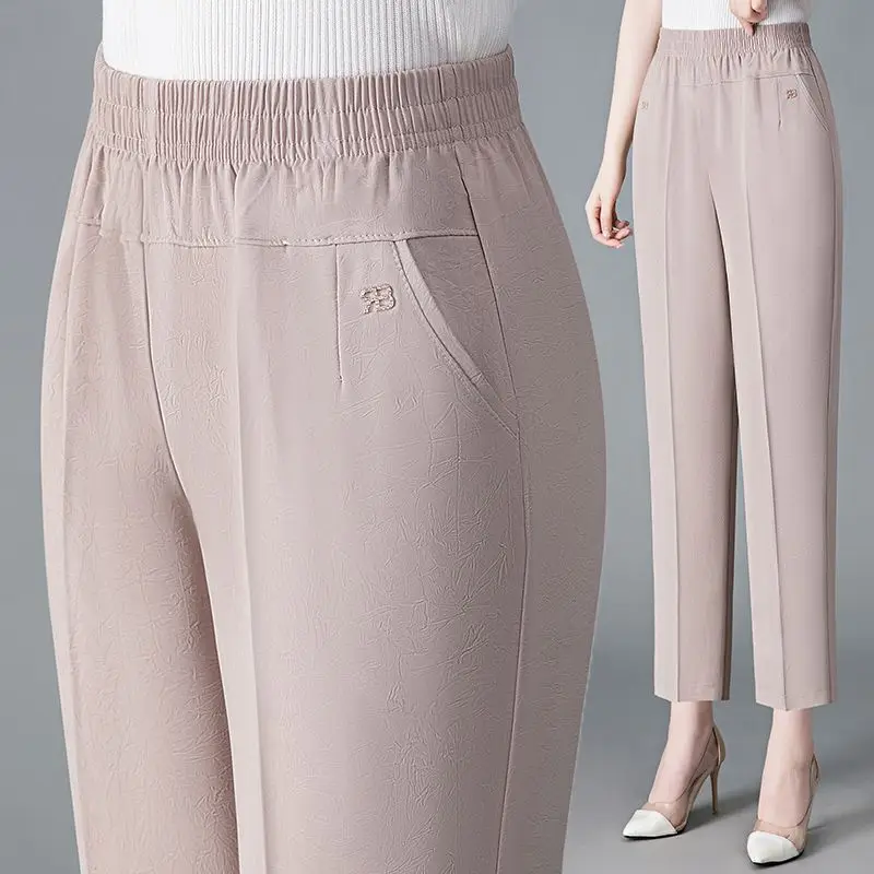 Vintage Loose Straight Pants Spring Summer Thin Women Streetwear Office Lady Casual Elastic High Waist Cropped Trousers 5XL