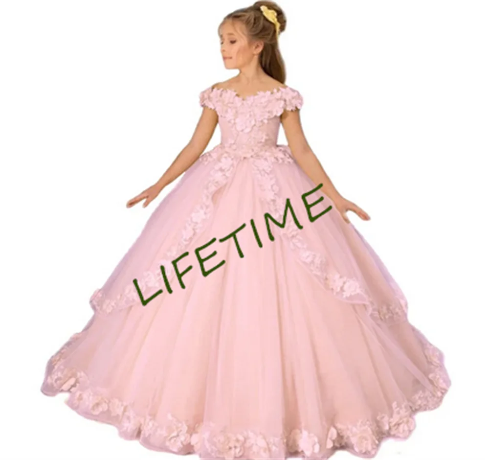 Tüll Blumen mädchen Kleider für die Hochzeit schulter frei Prinzessin Pagenat Kleid lange Kinder 3d Applikation erste heilige Kommunion Party kleider