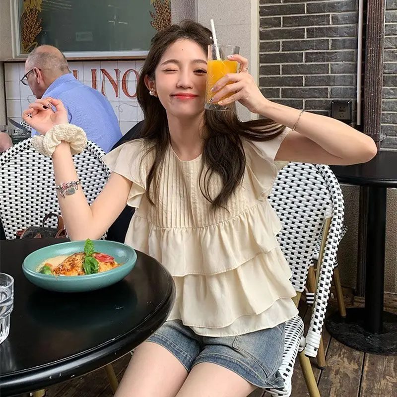 Femme Summer Fashion Trend Ruffles Solid Color O-neck Short Sleeve Women Clothing All-match Fashion Sweet Young Style Loose Tops