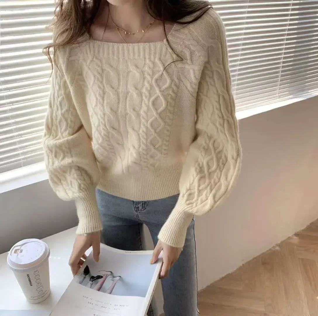 

Casual Knitted Sweater Women Pullover 2023 Autumn Winter Soft Thick Warm Wool Jumper Female All-Match Square Collar Sweaters