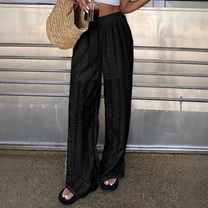 Women's White Eyelet Embroidered Wide Leg Pants Elastic High Waist Loose Fit Flowy Trousers for Summer Beach