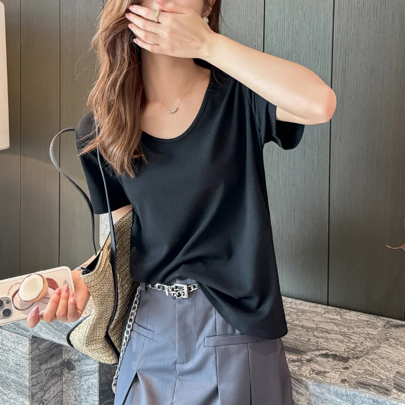 

New Loose V-Neck Front Shoulder Short Sleeve T-Shirt Women's Summer Large Size T-Shirt Premium Sense Clothes Belly Cover T-Shirt
