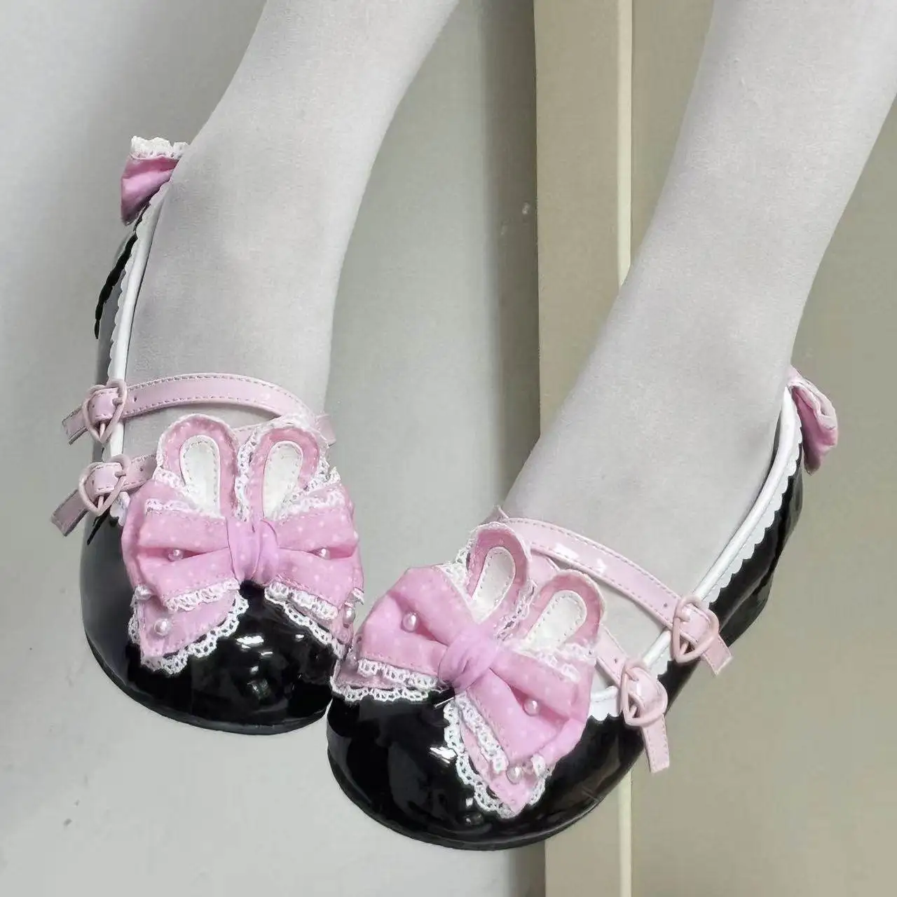 

Japanese Original Cute Sweet Lolita Polka Dot Rabbit Bow Mary Jane Single Shoes Soft Girl Round Head Cute Low Heel Leather Shoes