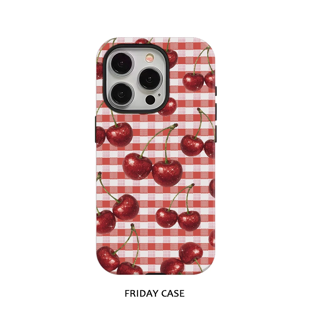 

Fashion Retro Red White Checkered Cherry Phone Case for iPhone 17 16 15 14 13 12 11 7 Air Pro Max Luxury Double-layer Back Cover