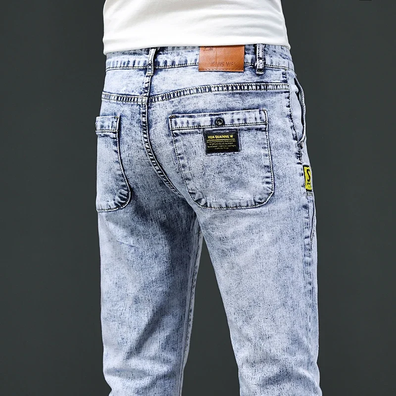 Pantalones vaqueros ajustados para hombre, Vaqueros clásicos, elásticos, informales, lavados con copos de nieve, 2024