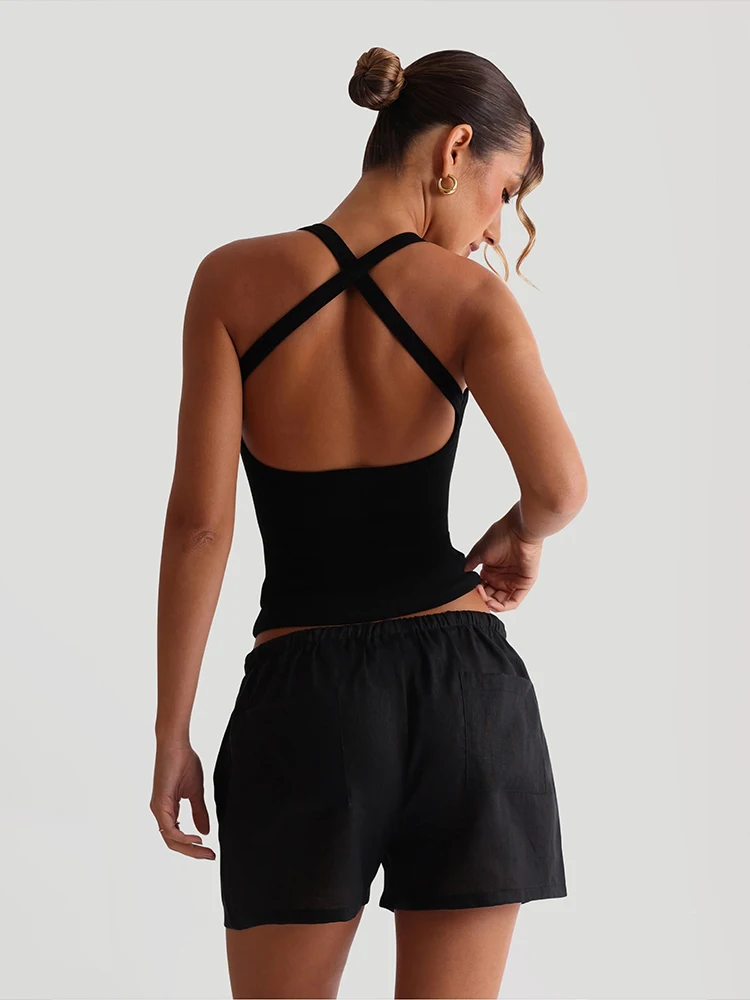 Sisterlinda Gilet a collo basso da donna Tracolla incrociata Solido Skinny Stretch Sexy Midnight Hottie Beach Party Base sportiva Top