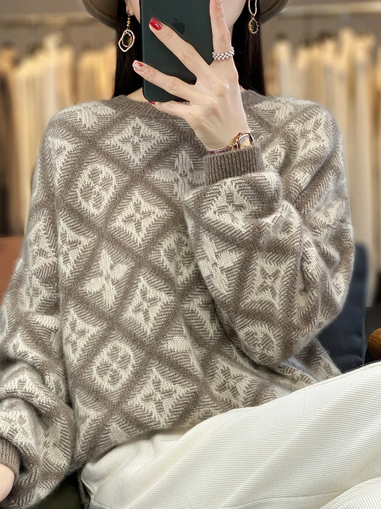 Autumn and Winter New 100% Pure Wool Sweater Women\'s Round Neck Jacquard Loose Head Knitted Sweater [Returns Not Supported]