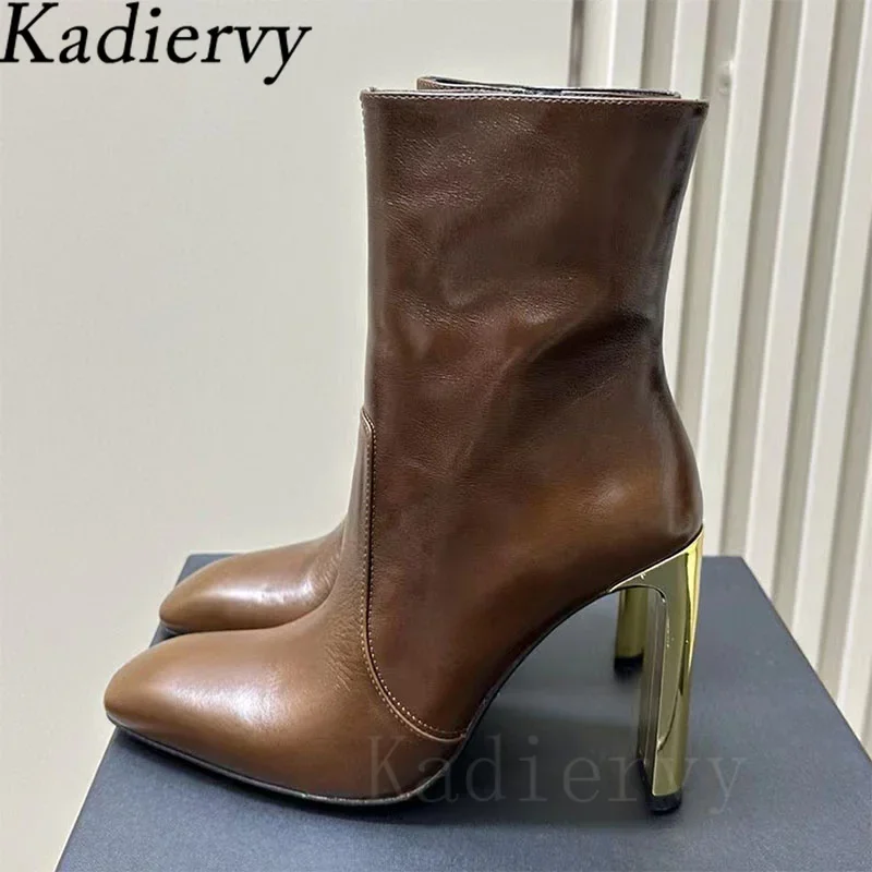 Sexy High Heels Ankle Boots Women Genuine Leather Runway Shoes Women Round Toe Gold Heels Short Boots Woman Botas Mujer