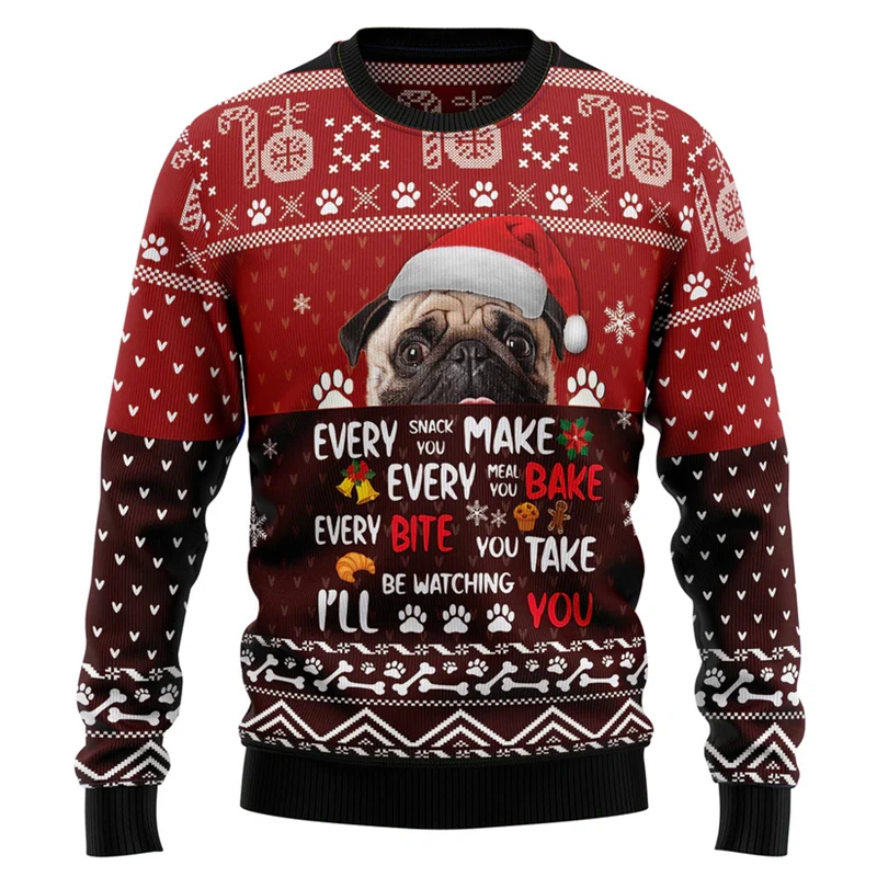 Cute Dog Ugly Christmas Hoodie Men's 3D Printed Animal Pet Hoodie Top Merry Christmas Family New Year Crew Neck Sweatshirt