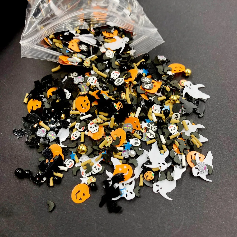 50g Mixed Halloween Clay Ghost Bat Slices Loose Sequins for Crafts Paillettes Nails Art DIY Confetti Slime Filling Accessories