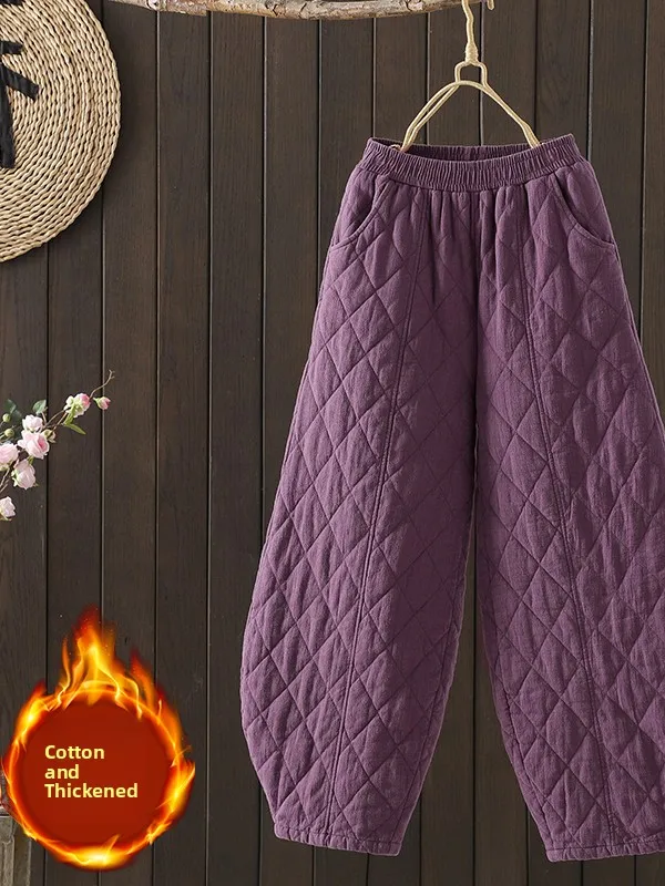 Thickened Cotton Trousers Women's Winter Quilted Diamond Warm Lantern Pants High Waist Cotton Polyester High Waist Casual Pants