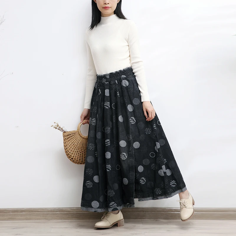 TIYIHAILEY-Black Long Maxi A-line Skirt for Women, Elastic Waist Denim Jeans, Vintage Dot, Thick, New, Winter, Autumn, 2022