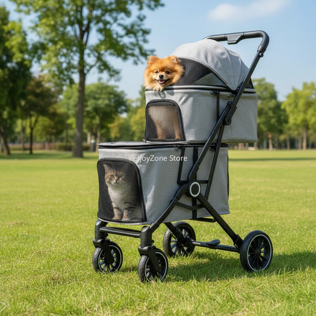 

Lightweight Adjustable Foldable Dog & Cat Pram Pet Stroller With 4 Wheels Durable Iron Material Washable & Portable For Camping