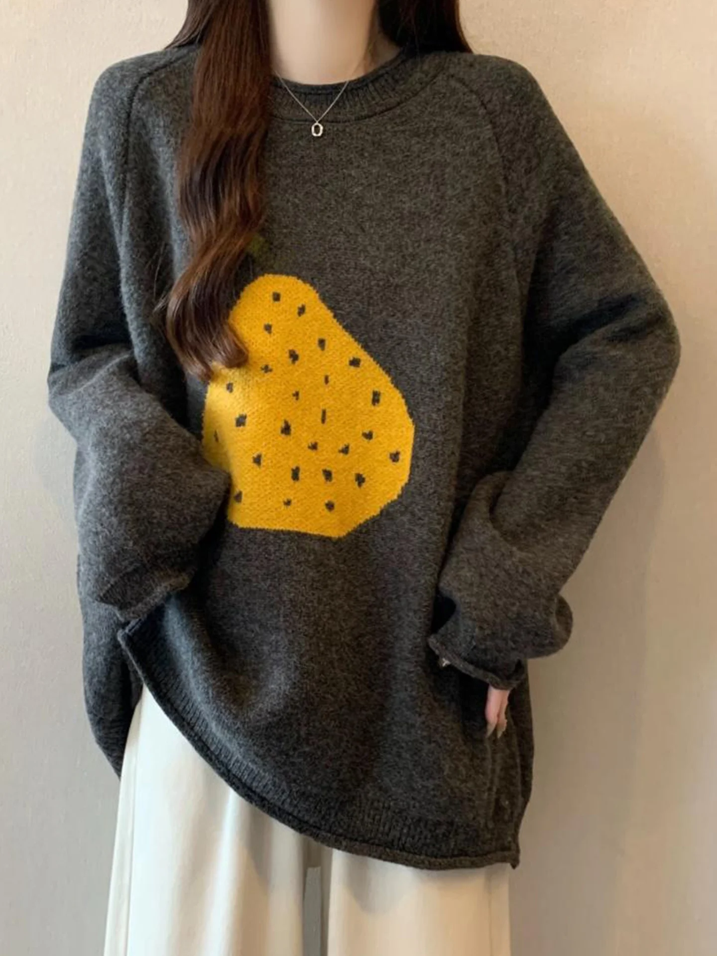 

Женский утепленный вязаный свитер с длинными рукавами и манжетами, с узором в виде груш, свободного кроя, осенне-зимний, теплый, больших размеров, модный