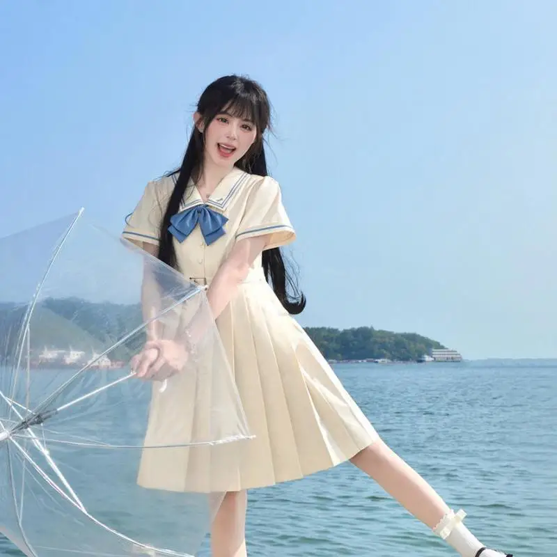 

Harajuku Jk Dress Sweet College Style Uniform Mid-length Pleated Skirt Short Sleeves For Women Birthday Gift Daily Cute Clothes