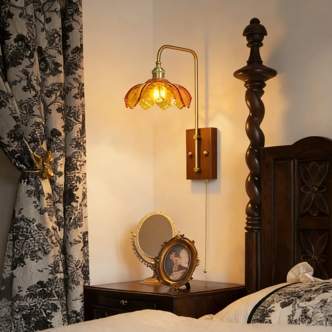 American Creative Retro LED Solid Wood Wall Lamp Bedroom Bedside Lamp Living Room Study Lighting Zipper Switch