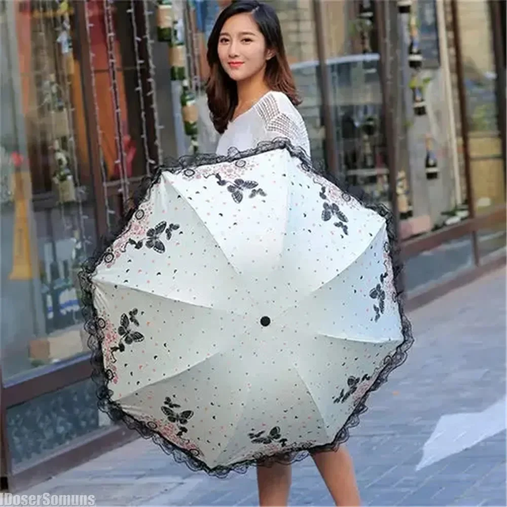 2024 New Butterfly Lace UV Umbrella Paraguas Manual for Woman Rain and Sun Gift