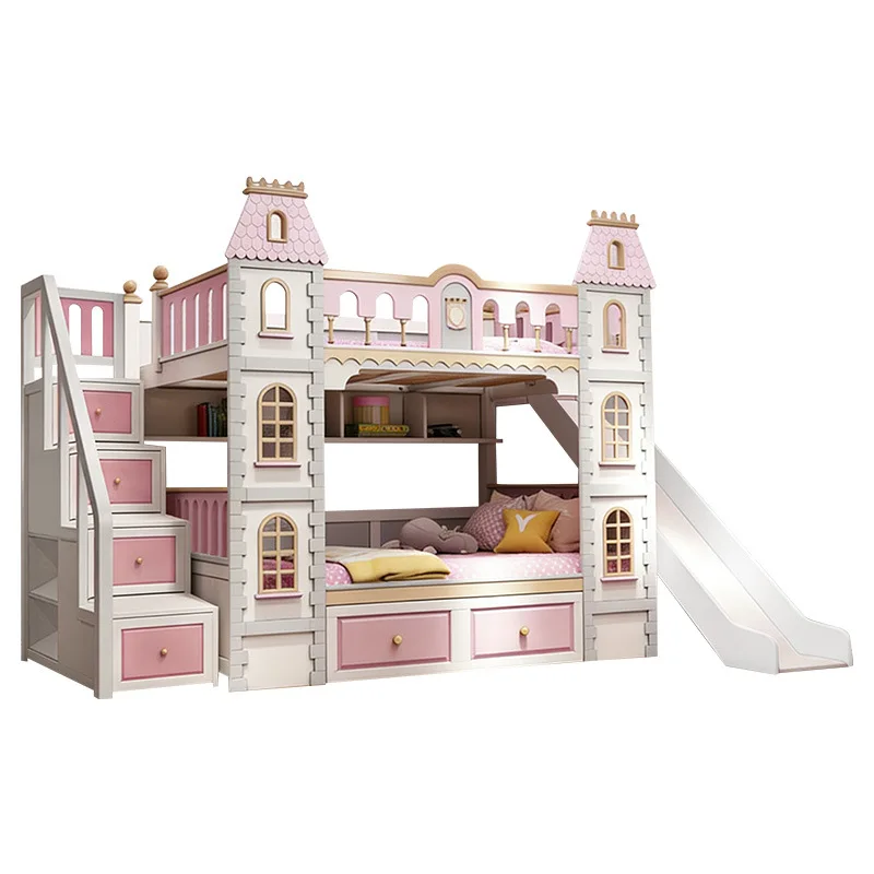 

Frozen Full Solid Wood Children's Up and Down Bunk Bed High and Low Bed Two Floors Princess Dream Castle Slide Villa