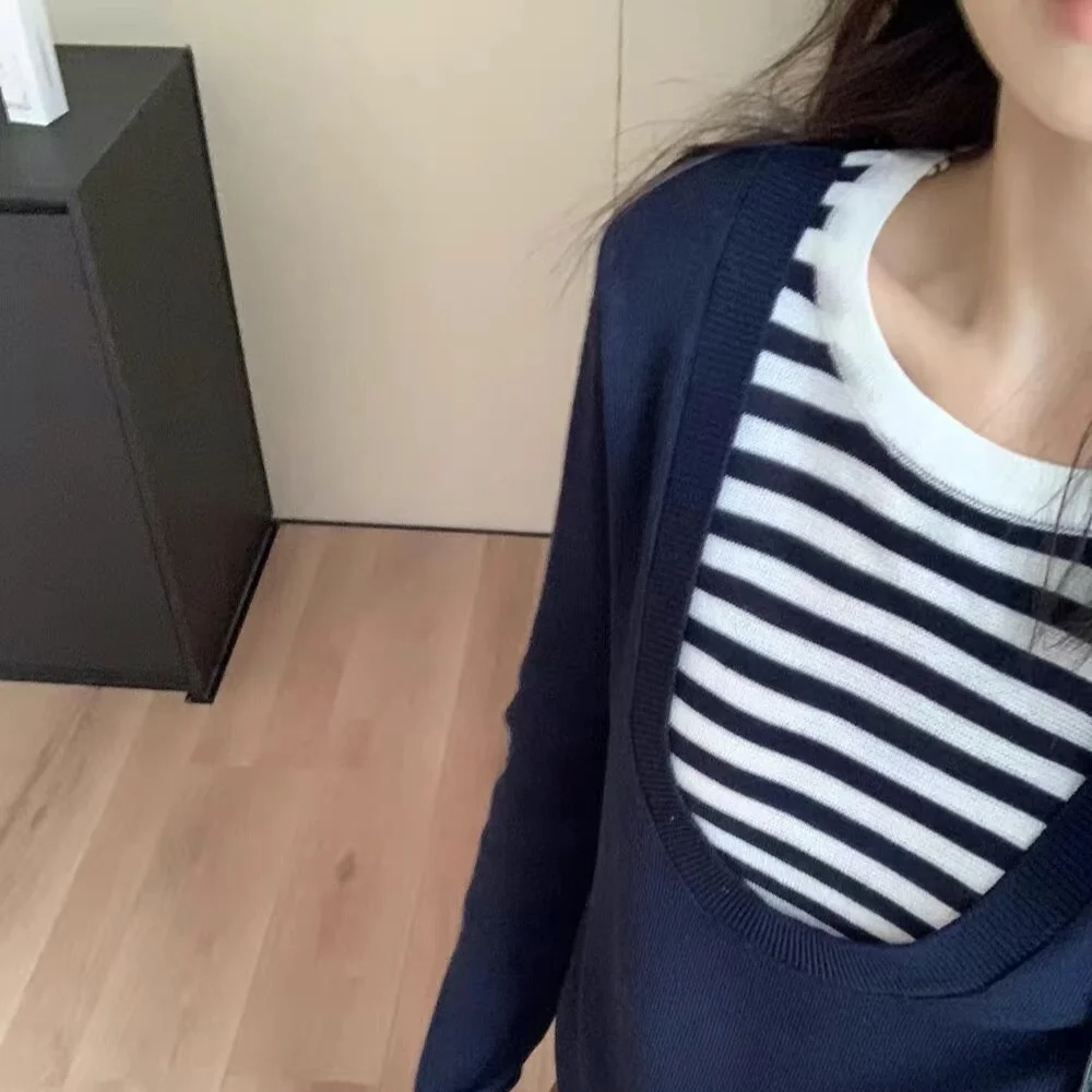 Женский вязаный свитер Long Sve, осень-зима, новый корейский дизайн, INS, полосатый топ из двух предметов