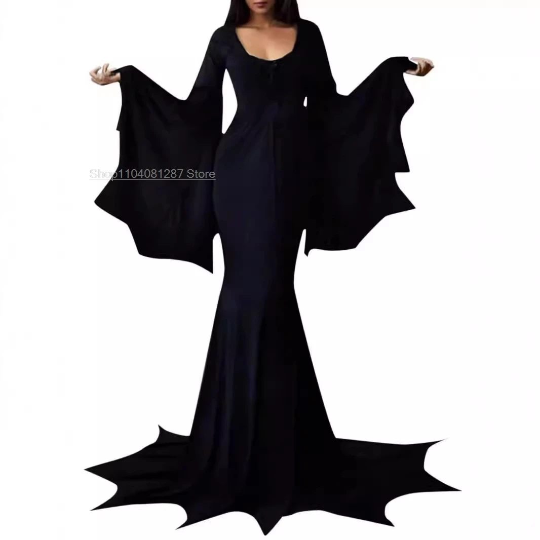 Morticia Jurk Addams Gothic Vrouwen V-Hals Lange Jurk Casual Lange Batwing Mouw Cosplay Kostuum Slim Fit Feest Club Kleding