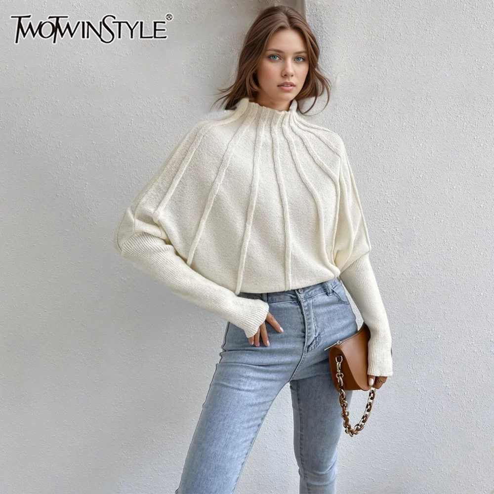 

TWOTWINSTYLE Pullover Spliced Fold Sweater For Women Turtleneck Long Sleeve Loose Knitting Solid Casual Sweaters Female Style