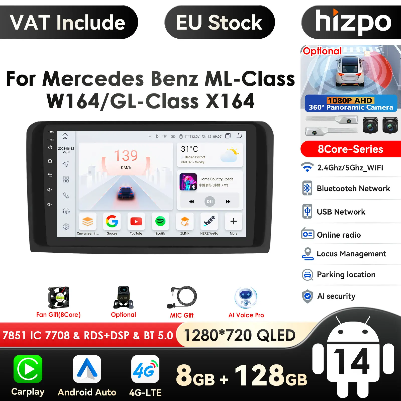 Carplay 4G-LTE 9 "autoradio Android per classe ML W164 GL-Class X164 ML GL 2005-2012 lettore multimediale Nav GPS 2Din Stereo DSP
