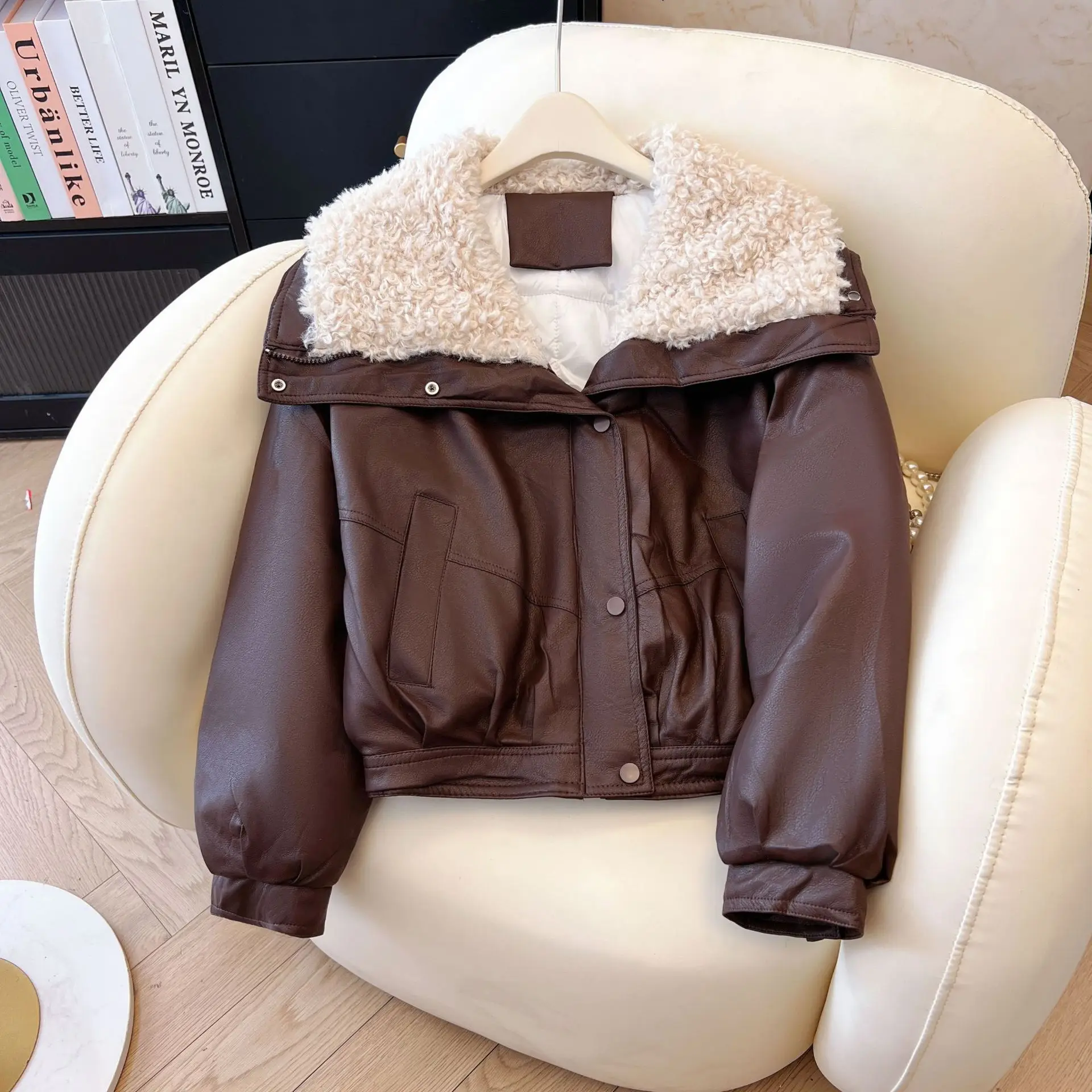 

Lamb Wool Turn Down Collar Patchwork Coat Solid Color Casual Loose Cotton Jacket For Women Daily Commuting Thick Warm Outerwear