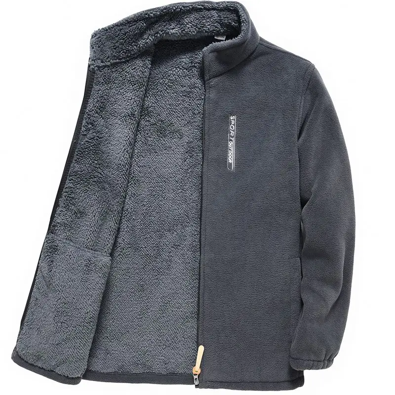 Herren Fleece-Jacke mit Reißverschluss, Fleece-gefüttert, Stehkragen, Verdickte Outdoor-Jacke, Winddicht, Polar-Fleece, Kälteschutz-Jacken – Detail 4