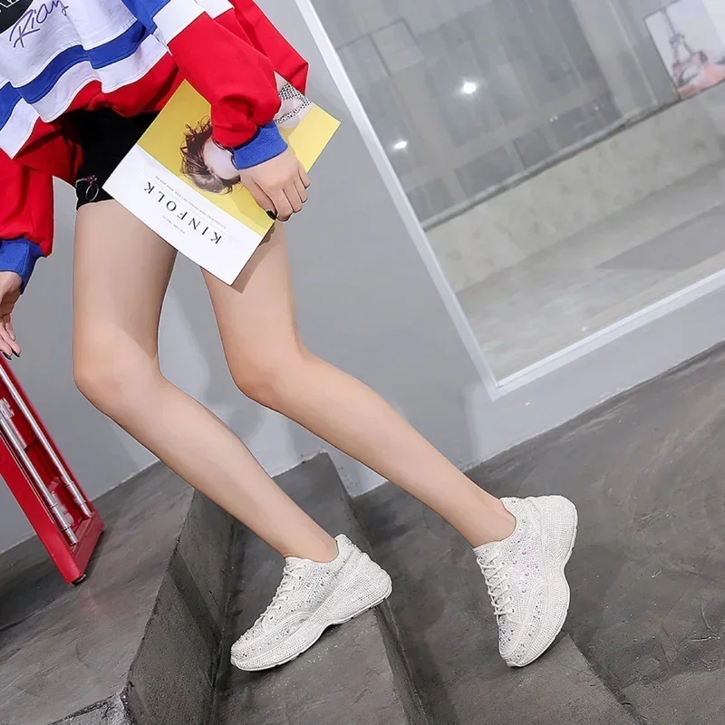 Top Quality Women Walking Shoes 2022 New Women's Casual Shoes Thick Sole Rhinestone Breathable Shiny Daddy Shoes Women Sneakers image 3