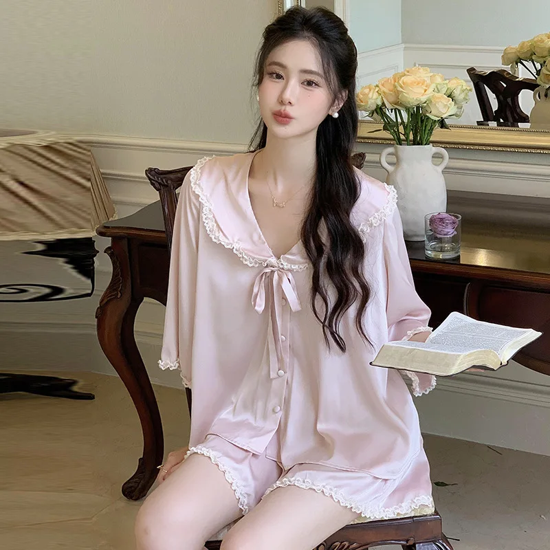 Summer Short Sleeves Ice Silk Sleepwear Sweet Pink Doll Collar Short Two-Pieces Pajamas Loose Design Cardigan Loungewear PYJS