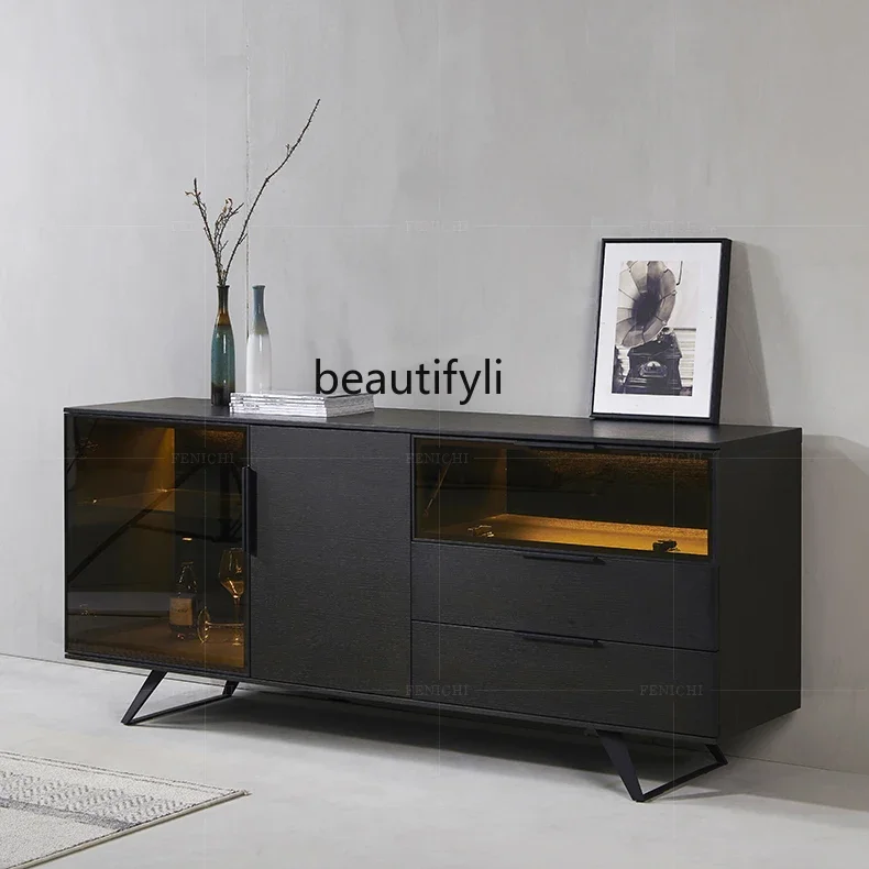 X  Italian Solid Wood Gla Sideboard Cabinet with LED Light Wine Cabinet Modern Minimalist Living Room Locker