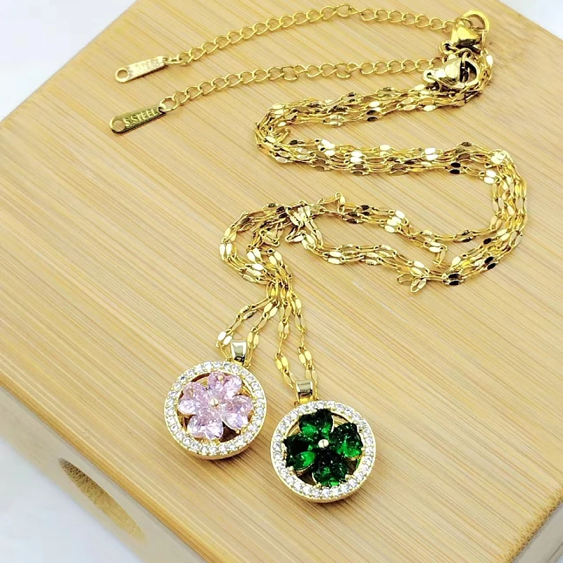 Fashion Charm Green Heart Necklace Classic Vintage Pink Flower Clover Heart Clavicle Chain Pendant Gift