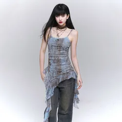 Vintage Tie Dye Ruffles Camisole Vest for Women 2024 New Tank Top Y2k E-Girl Irregular Slim Fit Sleeveless Tops Mujer Dress