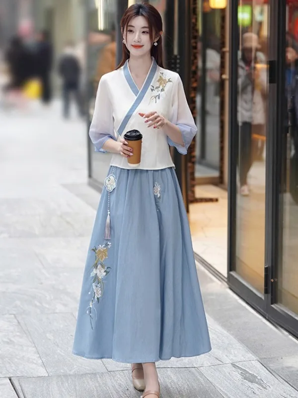 2026 Spring New V-neck Chinese Style Women's Clothing Set Tea Ceremony Class Uniform Traditional National Fashion Revamped Hanfu
