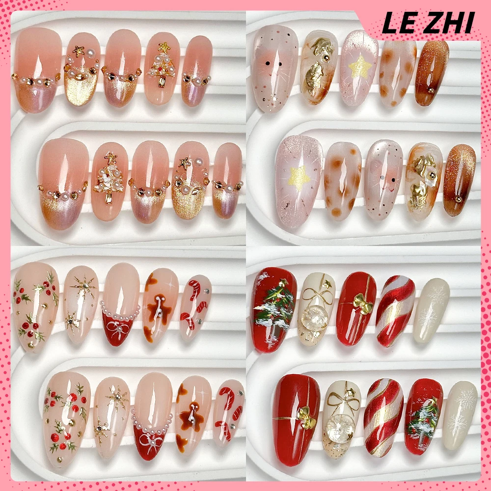 

10Pcs Christmas Handmade Almond Ellipse Detachable Press On Nail Cat Eyes Diamond Pearl Hand Painted Flowers Bow Full Cover Nail