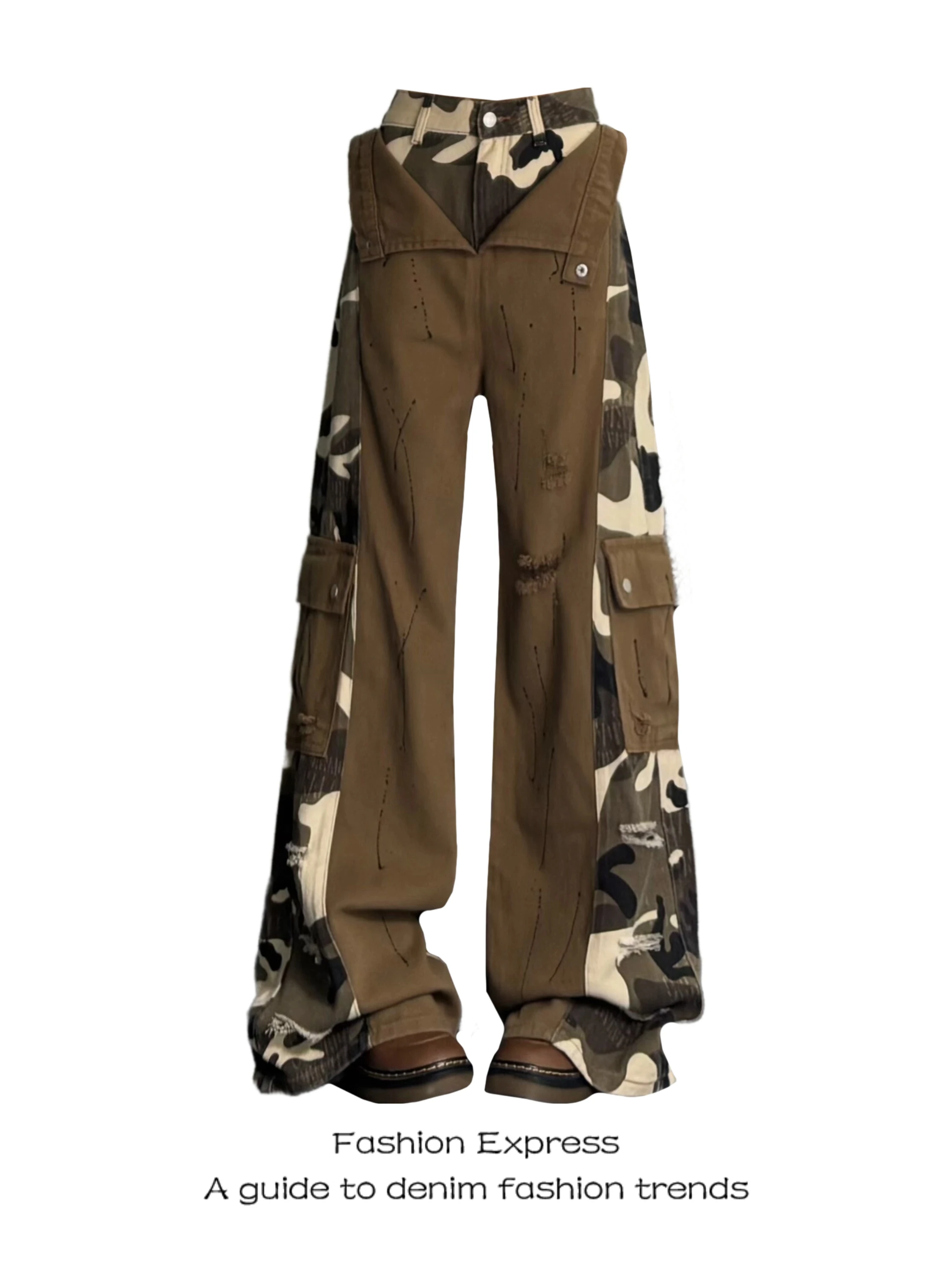 

Американские джинсы-клеш с камуфляжным принтом для женщин, осенние, с высокой талией, повседневные, свободного кроя, с эффектом двухслойности и потертостями