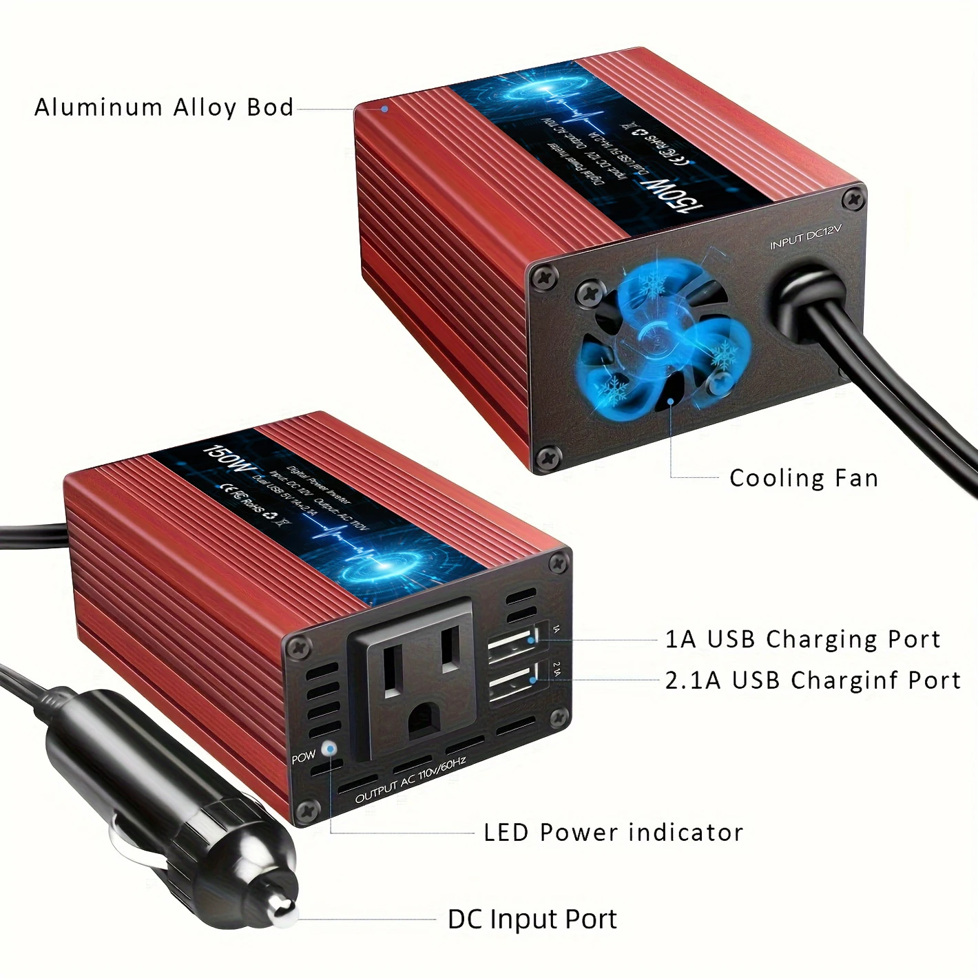 1 inversor de corriente para coche de 150W, convertidor de CA de 12V CC a 110V/220V con puertos USB duales de 3,1A, carga rápida para teléfono, iPad, portátil, Overlo