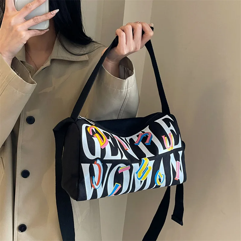 Letter printed canvas pillow bag, fashionable shoulder bag, large capacity casual diagonal cross women's bag