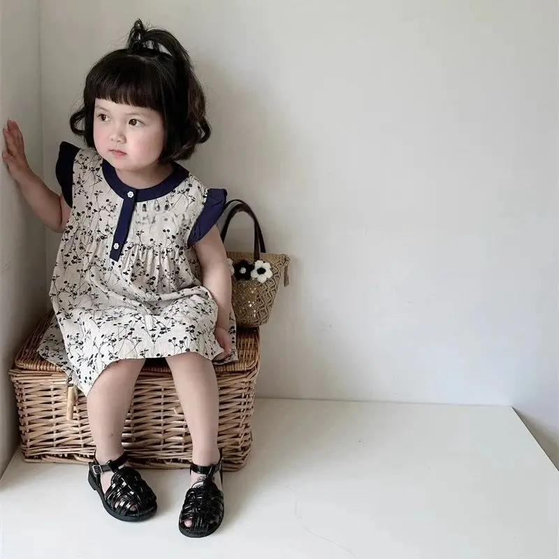 فستان صيفي بزهور للفتيات ، فستان صيفي قطني ، بدون أكمام ، قميص داخلي ، تنورة ، 2 طن ، 3 طن ، 4 طن ، 5 طن ، 6 طن ، 7 طن ، جديد