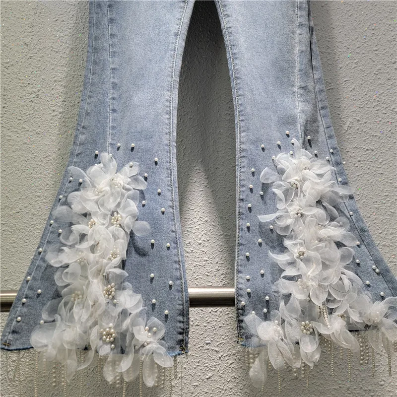 Womens Pants 2025 Fashion Temperament Streetwear Flower Design Micro Horn Jeans High Waist Slim Elastic Nail Bead Long Trousers