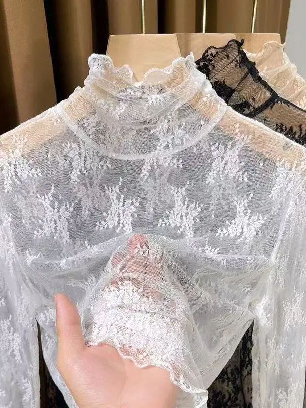 White High Collar Lace Hollow out Women's Base Shirt Inner Wear Slim Fit Thin Top for Autumn School Campus Luxury Style