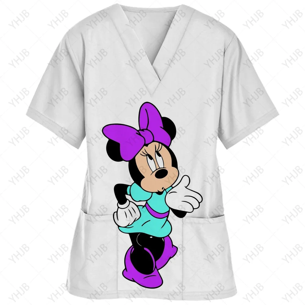 Kobiety z krótkim rękawem strój pielęgniarki pracowników szpitala Disney Minnie nadruk Mickey graficzny t-shirt z dekoltem w szpic ubrania robocze