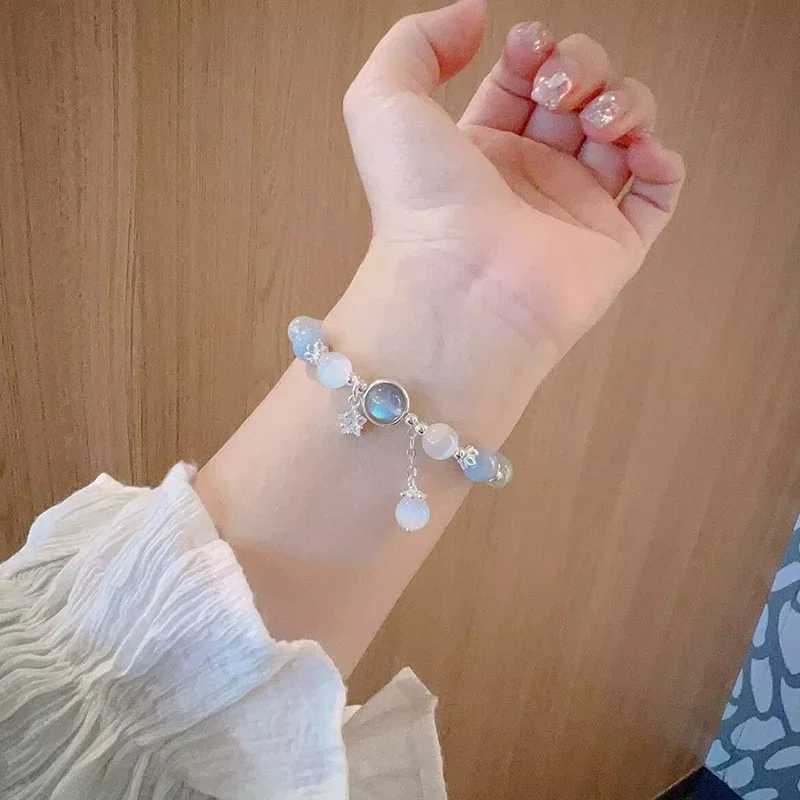 Exquisite Opal Moonstone Crystal Blue Treasure Bracelet Women Temperament Geometric Metal Chain Beads Bracelet Гагат Натуральный